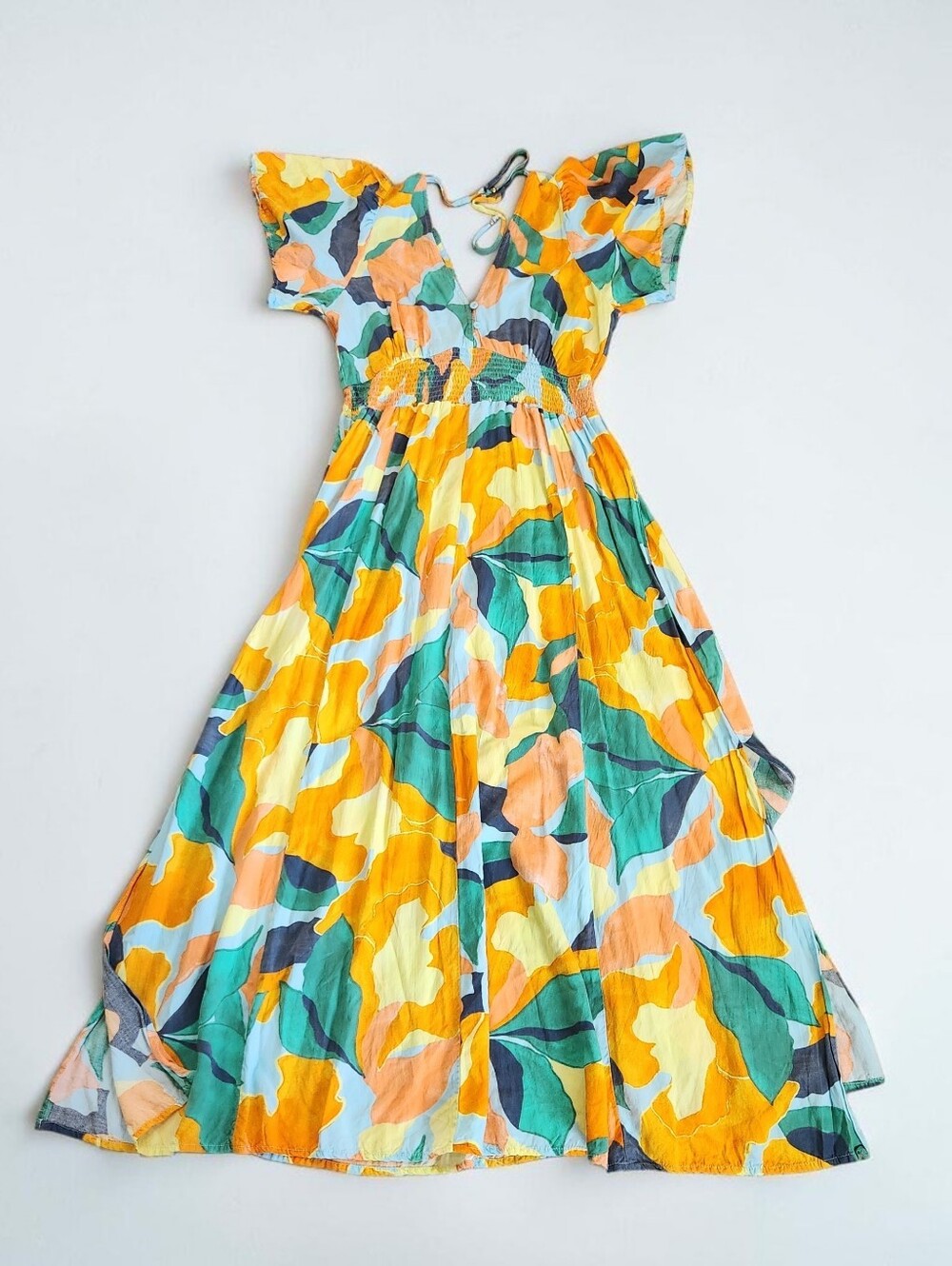 Able The Label Hilda Smock Waist Floral Maxi Dress Geometric M Orange Multi